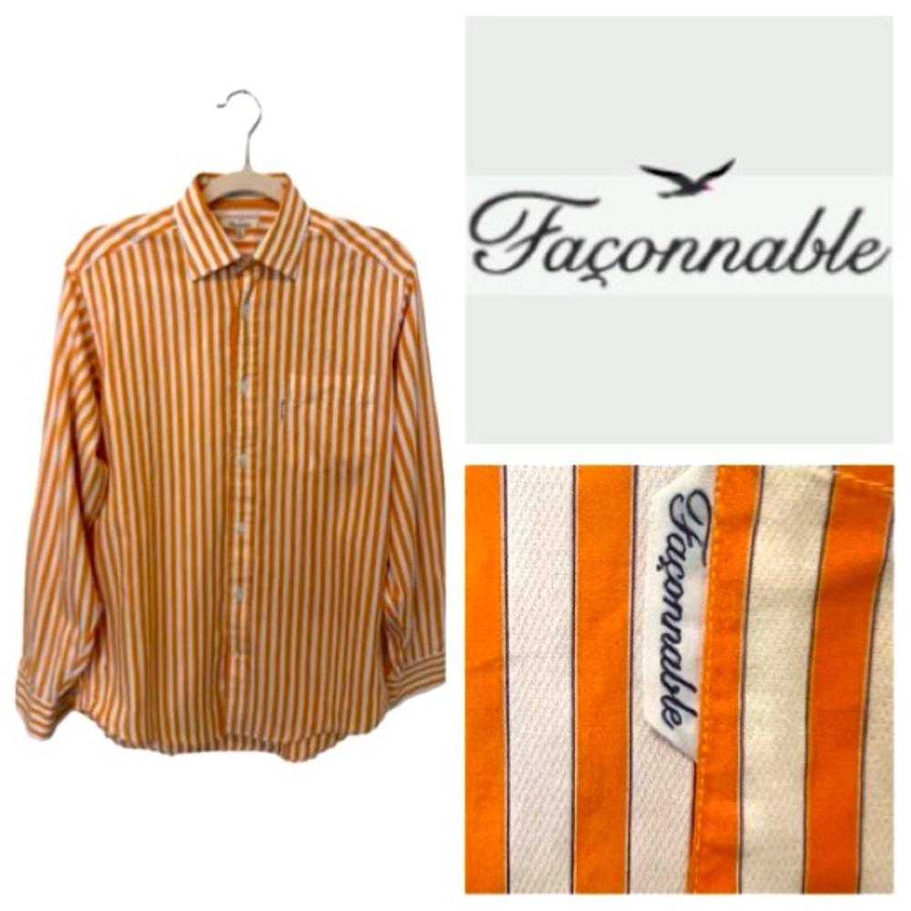 Faconnable Orange Creamsickle Casual Button Down Shirt with Stripes Sz 3/15.5
